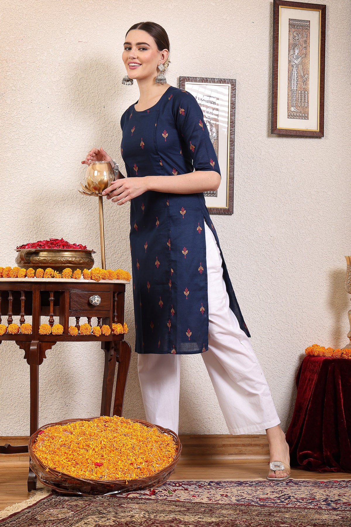 Women Navy Blue Ethnic Motifs Cotton Calf Length Kurta
