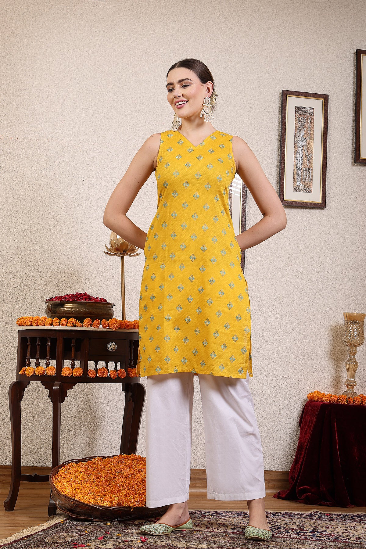 Womens Cotton Dobby V Neck Kurta