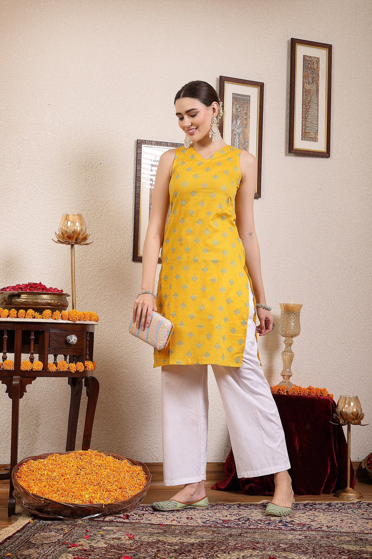 Womens Cotton Dobby V Neck Kurta