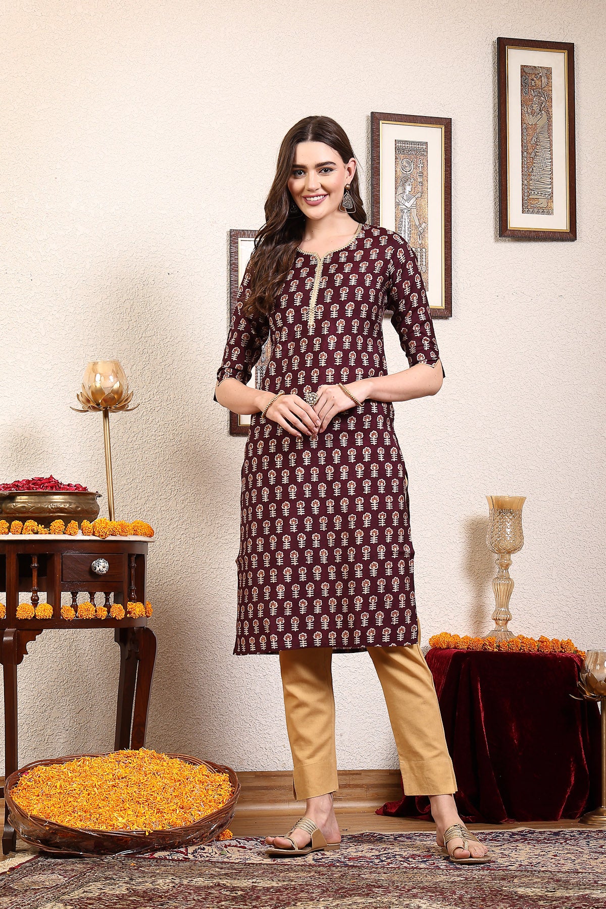 Women Purple Printed Kurta With Lace