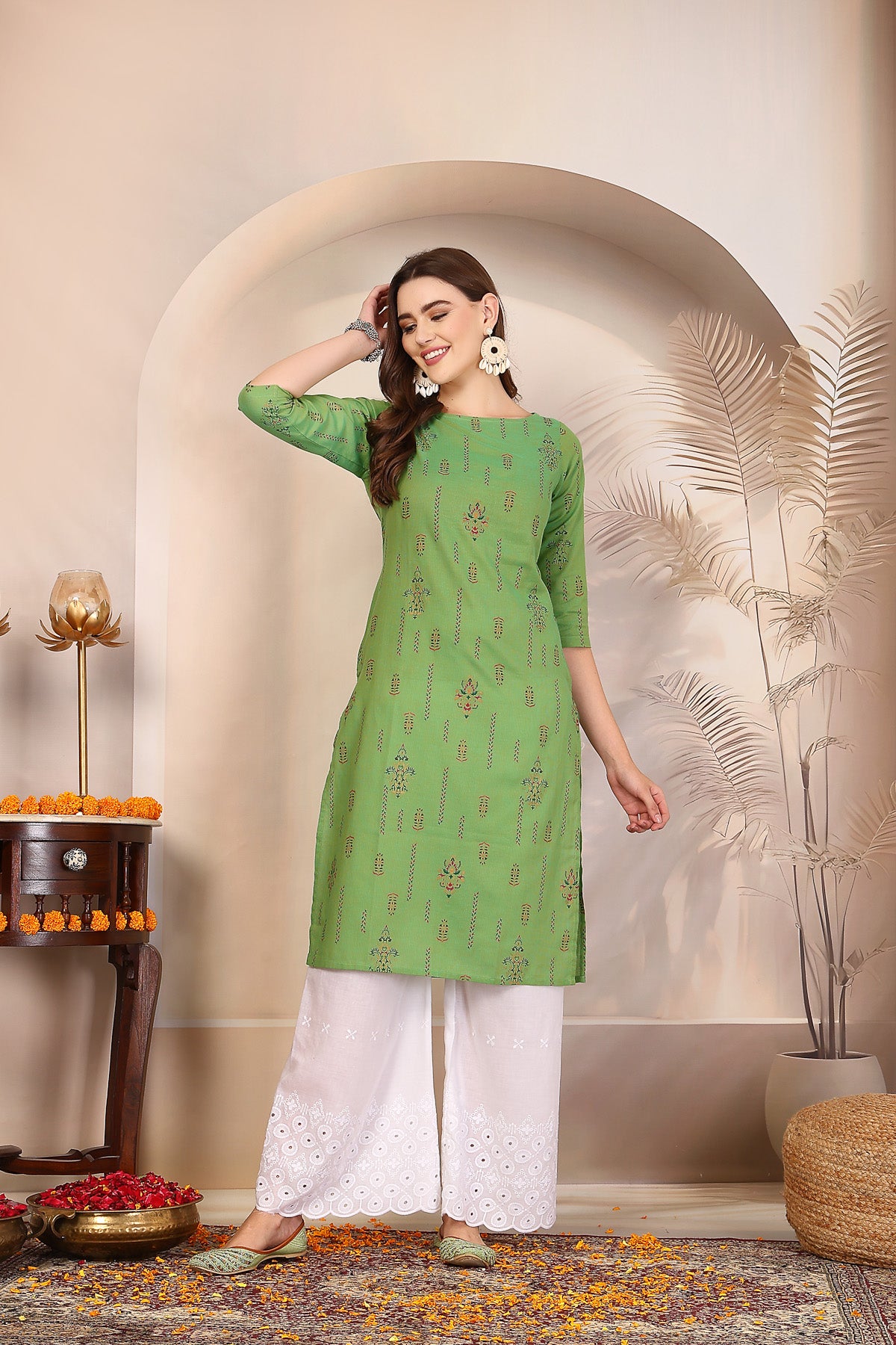 Women Green Cotton Printed Kurta