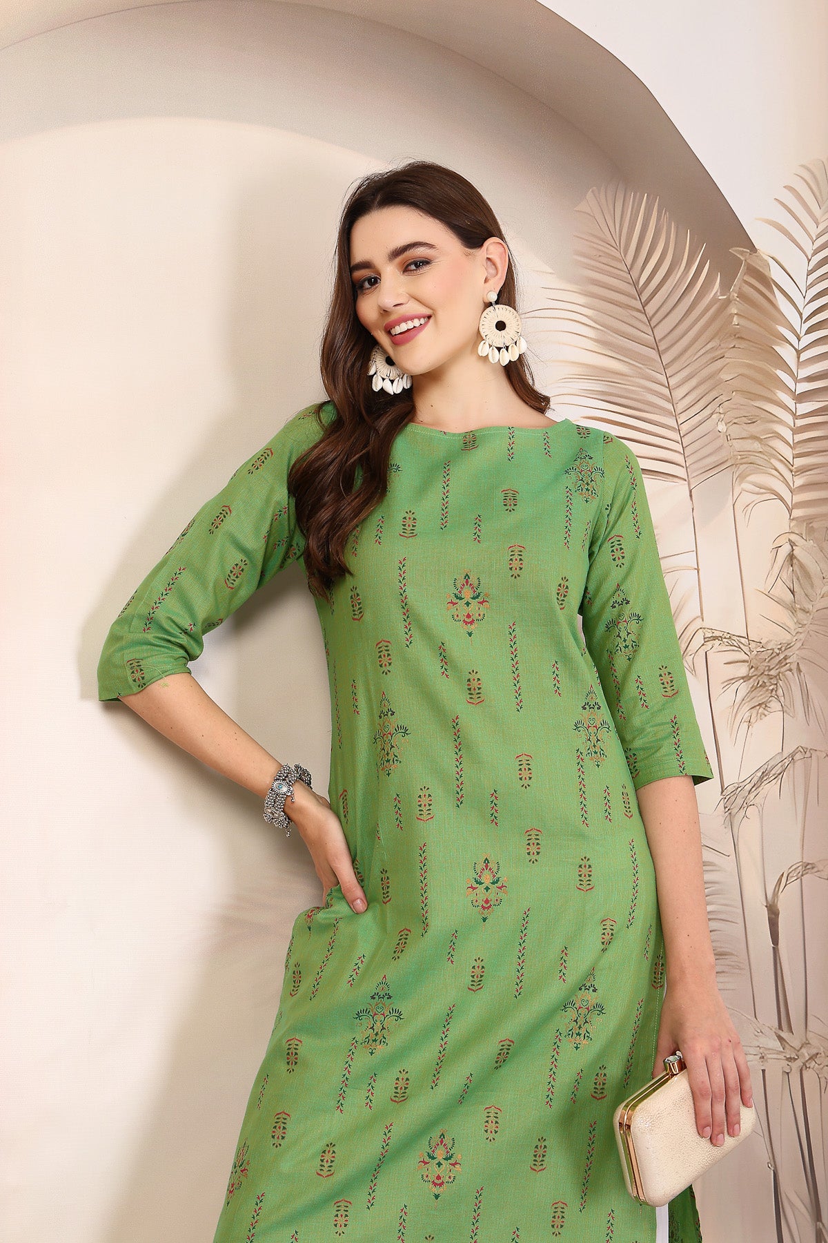 Women Green Cotton Printed Kurta