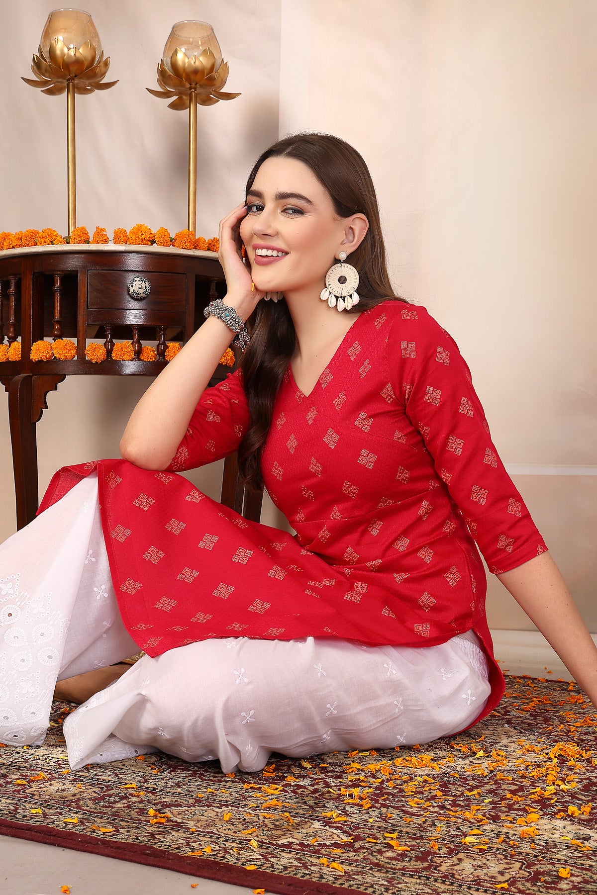 Women Dark Pink Ethnic Motifs Cotton Angrakha Kurta
