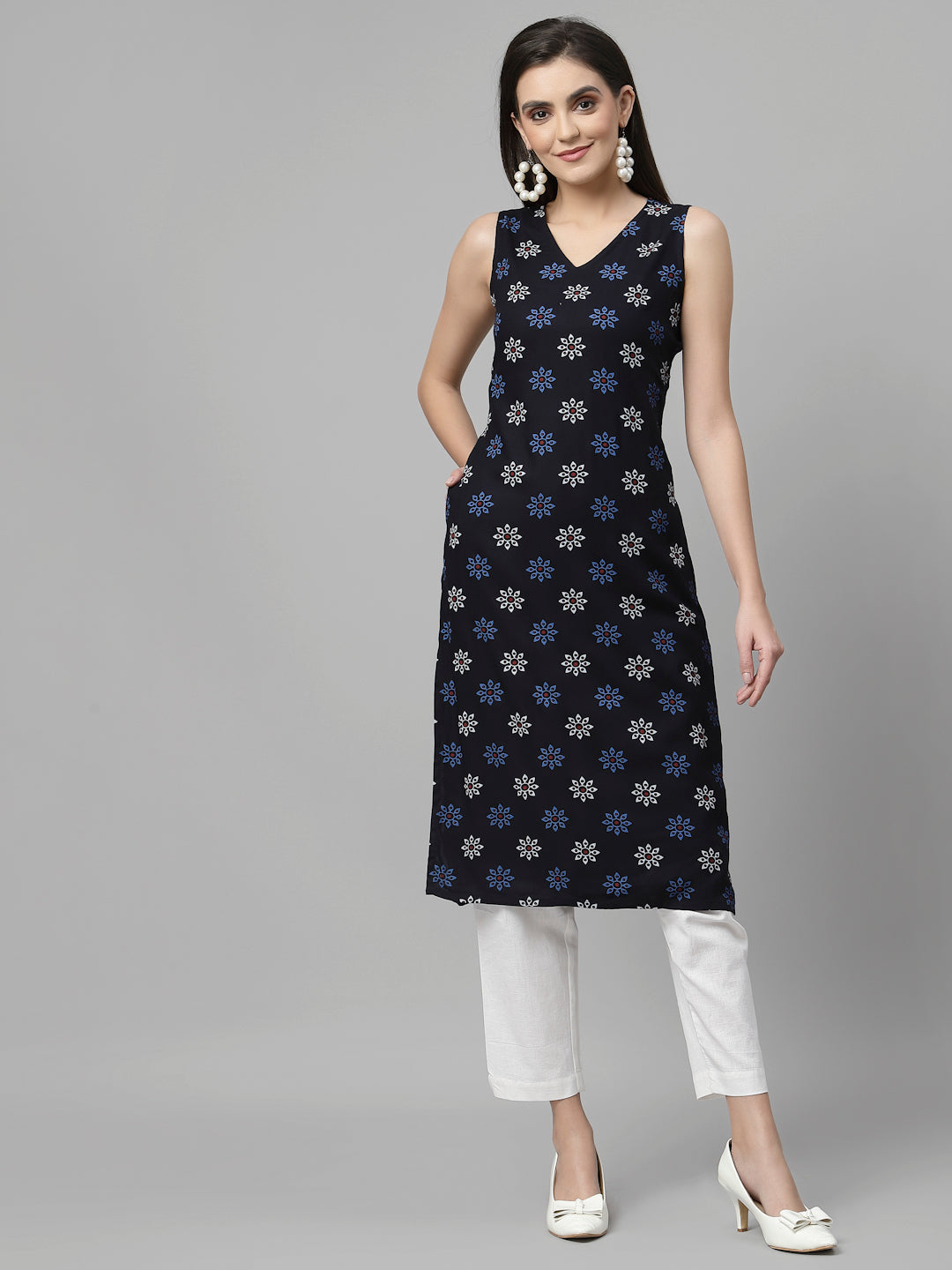 Women Navy Printed Sleeveless Kurta - Kashyap Global Lifestyles LLP
