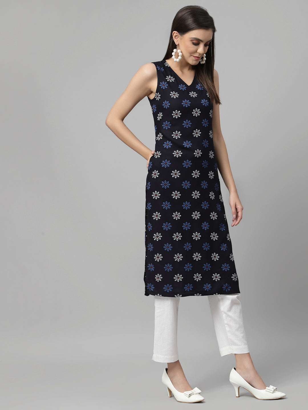 Women Navy Printed Sleeveless Kurta - Kashyap Global Lifestyles LLP