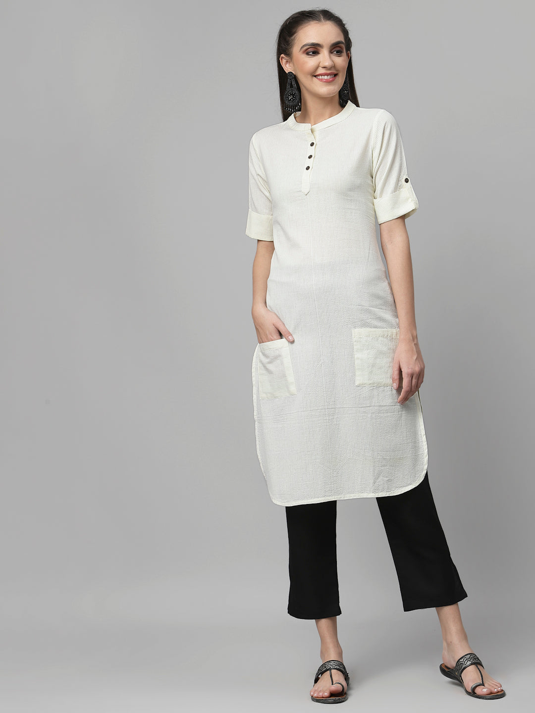 Women Woven Design Kurta With Front Pockets - Kashyap Global Lifestyles LLP