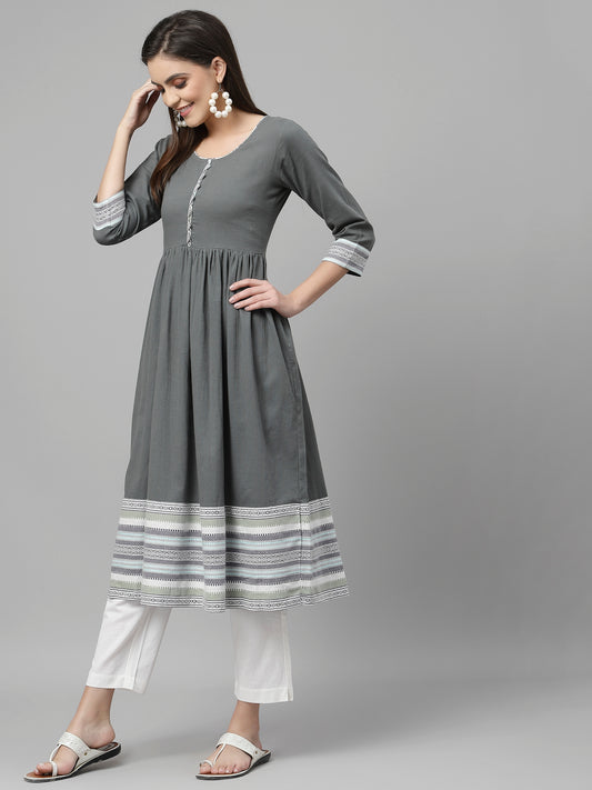 Women Olive South Cotton Anarkali Kurta - Kashyap Global Lifestyles LLP
