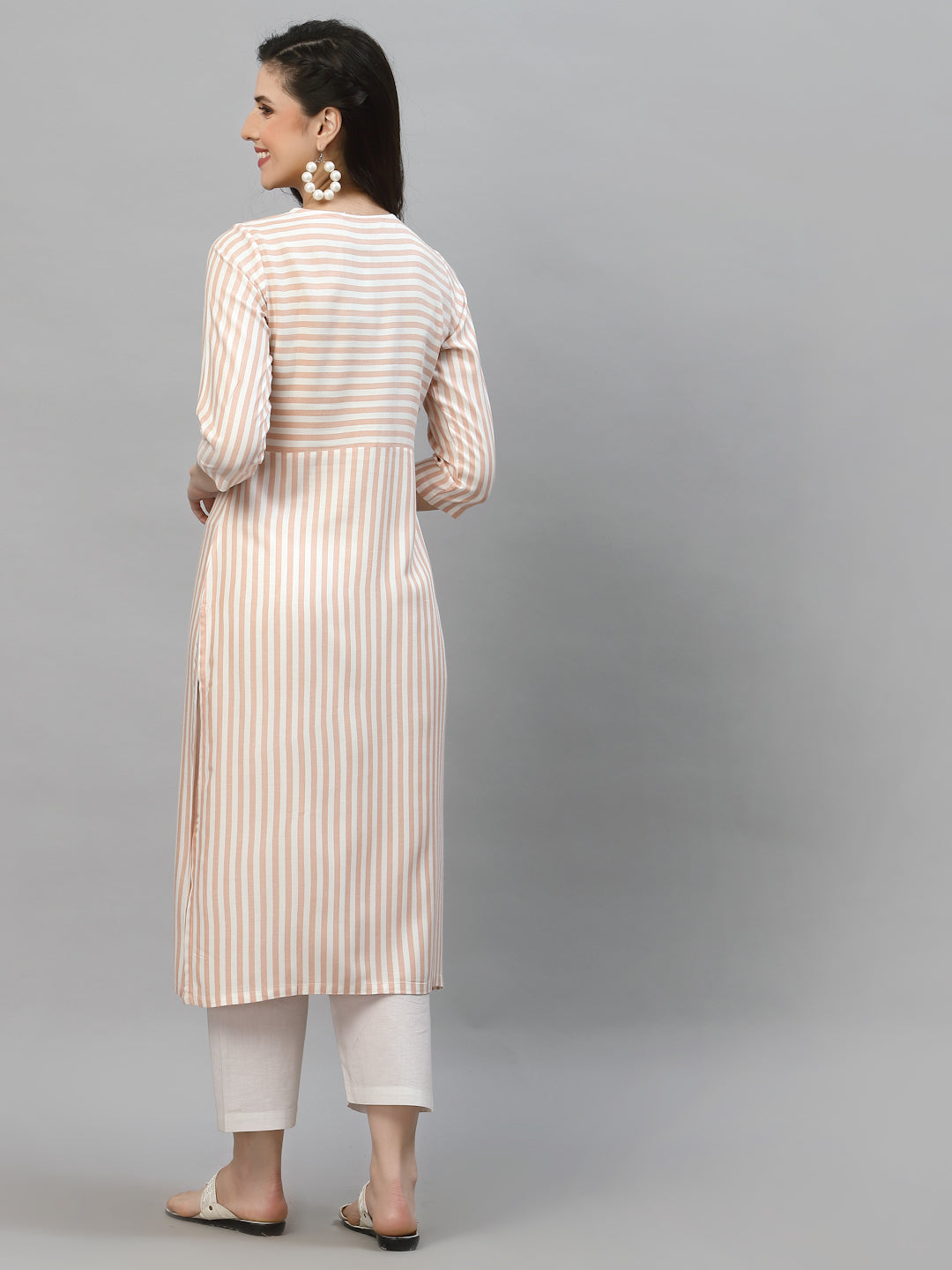 Women Peach & White Striped Angrakha Kurta - Kashyap Global Lifestyles LLP