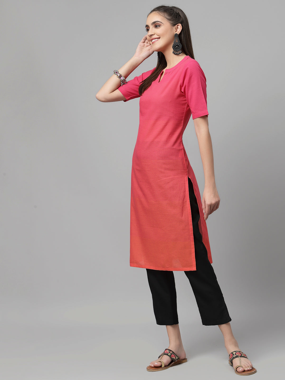 Women Rose & Orange Checkered Kurta - Kashyap Global Lifestyles LLP