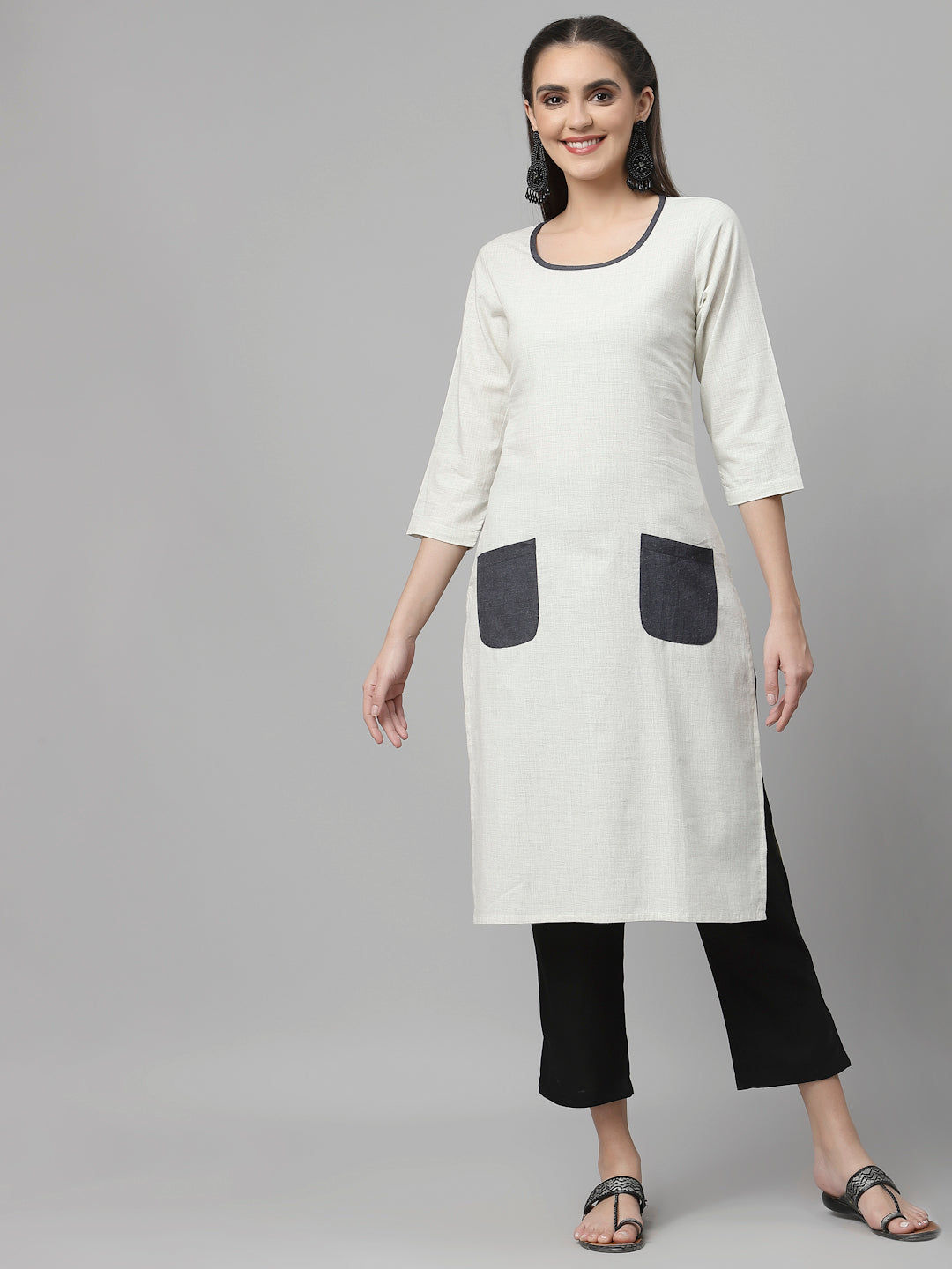 Women Light Grey Pure Cotton Kurta with Pocket - Kashyap Global Lifestyles LLP