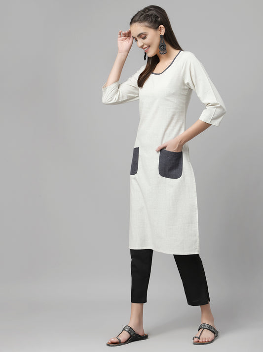 Women Light Grey Pure Cotton Kurta with Pocket - Kashyap Global Lifestyles LLP
