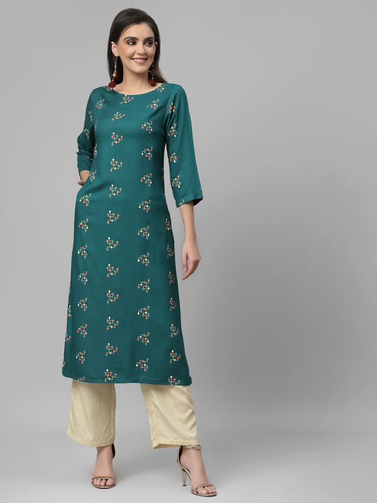 Women Dark Green Boat Neck Kurta - Kashyap Global Lifestyles LLP