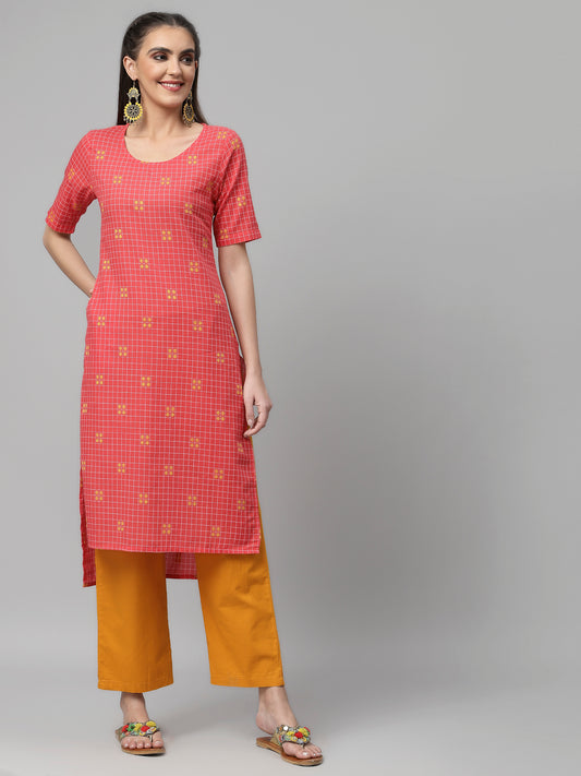 Women Rose Woven Design Checked High-Low Cotton Kurta - Kashyap Global Lifestyles LLP