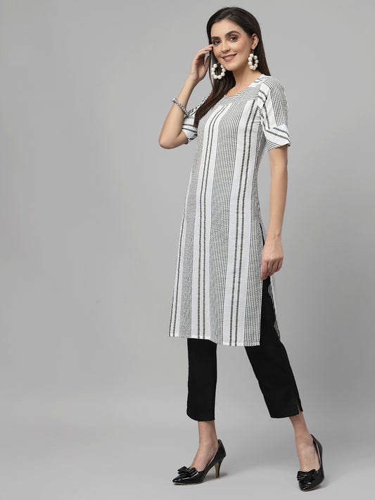 Women White & Olive Striped Cotton Knee Length Kurta - Kashyap Global Lifestyles LLP