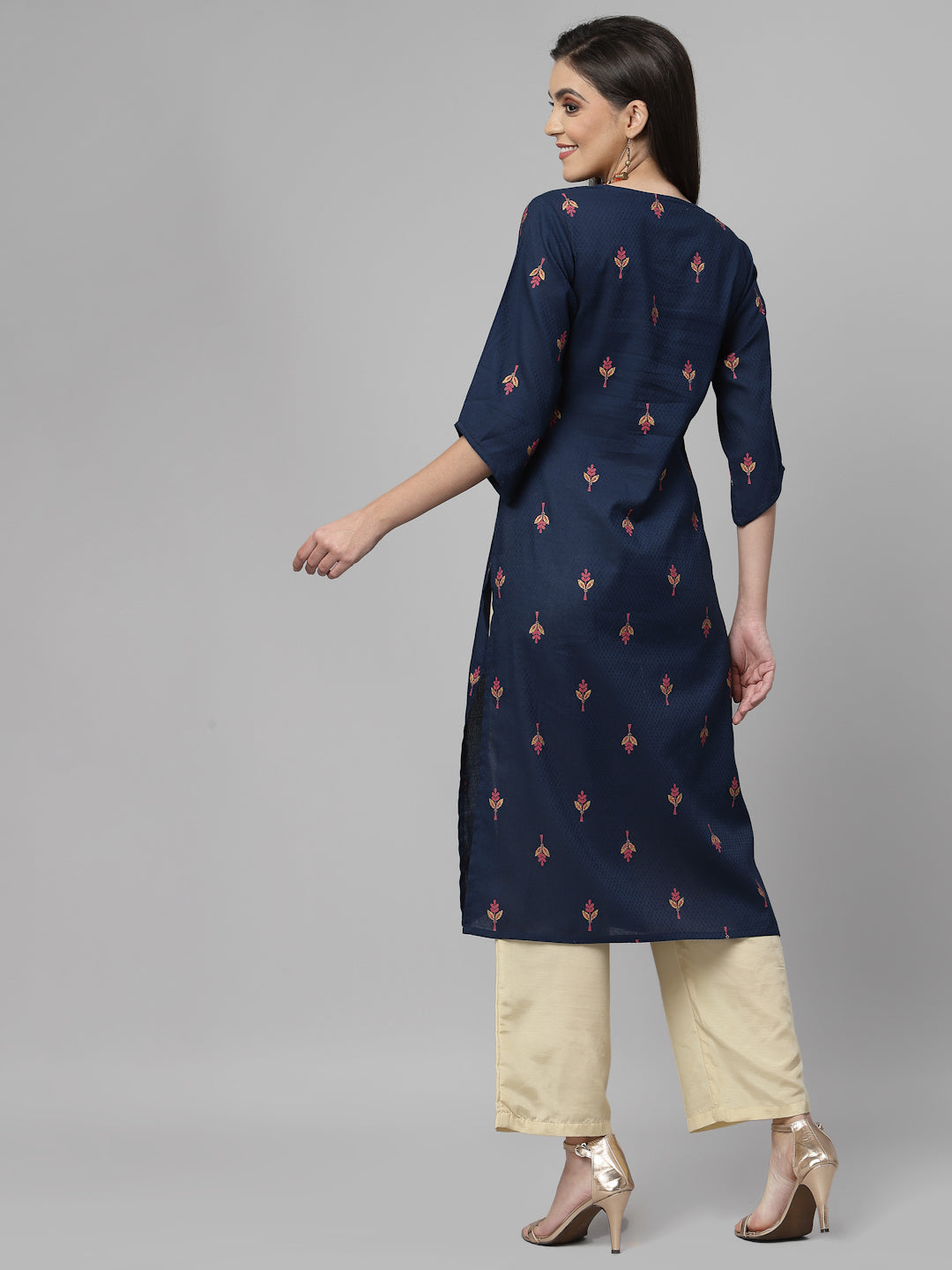 Women Navy Blue Ethnic Motifs Cotton Calf Length Kurta - Kashyap Global Lifestyles LLP