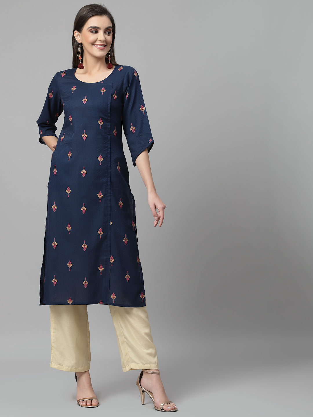 Women Navy Blue Ethnic Motifs Cotton Calf Length Kurta - Kashyap Global Lifestyles LLP