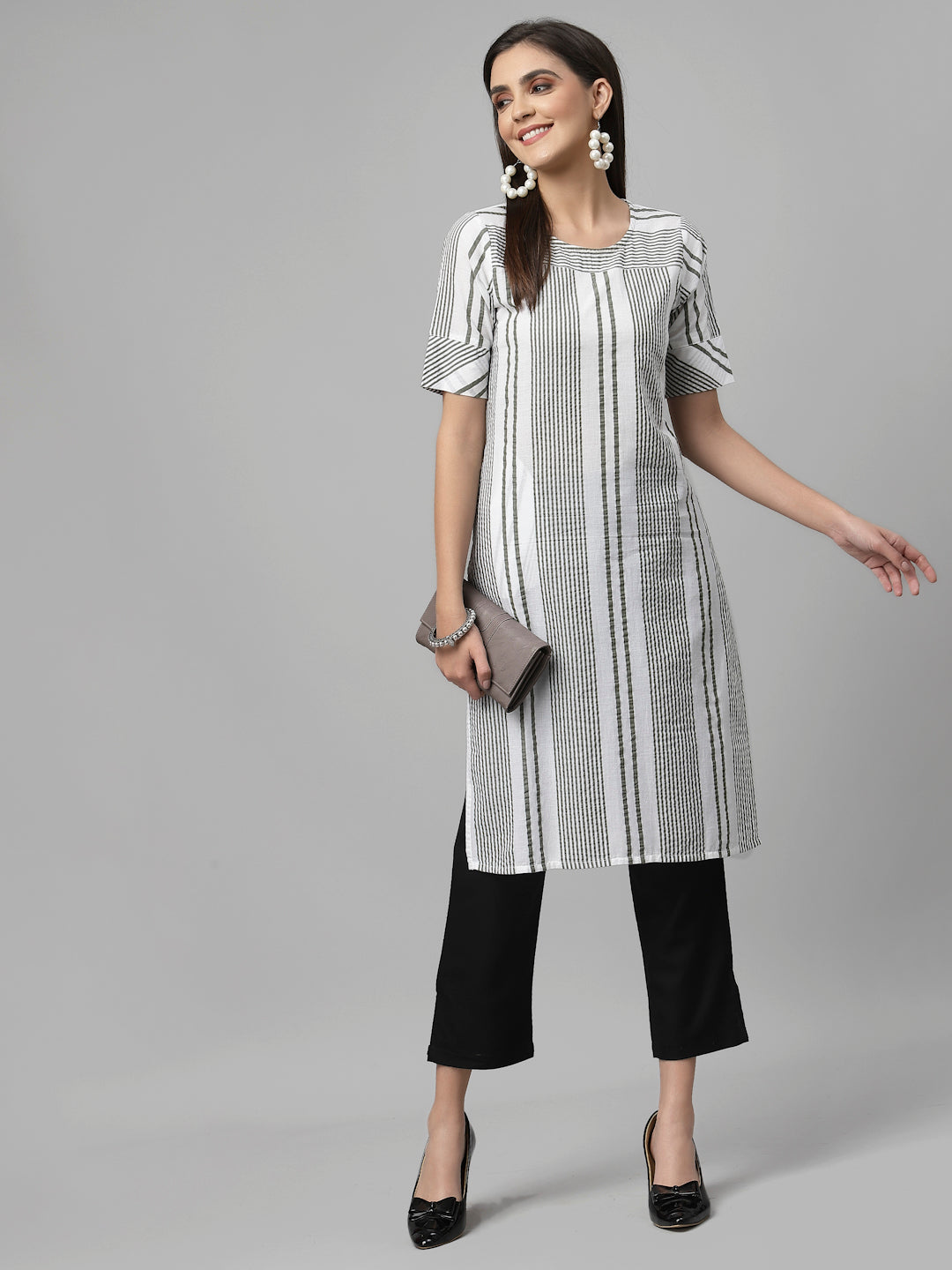 Women White & Olive Striped Cotton Knee Length Kurta - Kashyap Global Lifestyles LLP