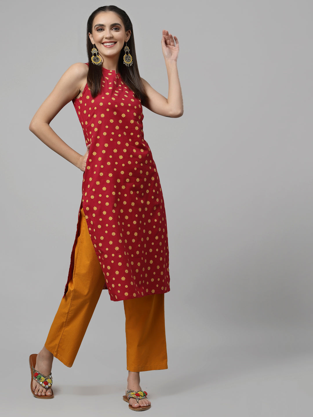 Women Dark Pink Cotton Sleeveless Kurta - Kashyap Global Lifestyles LLP