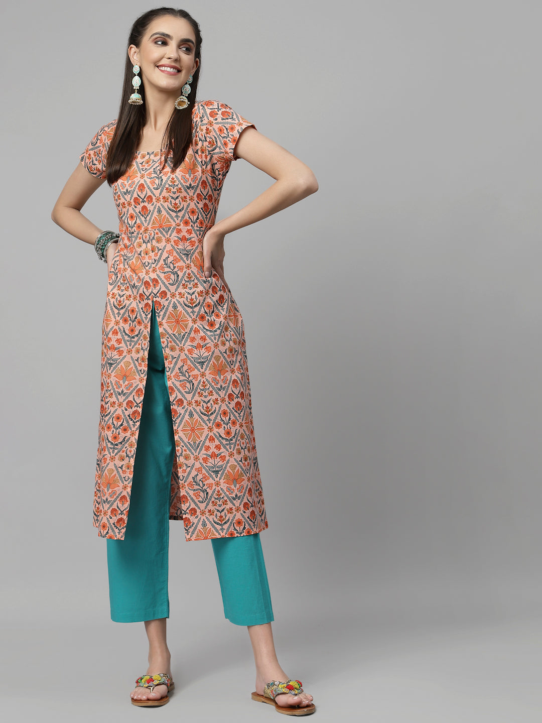 Women Peach Cotton Printed Front Slit Kurta - Kashyap Global Lifestyles LLP