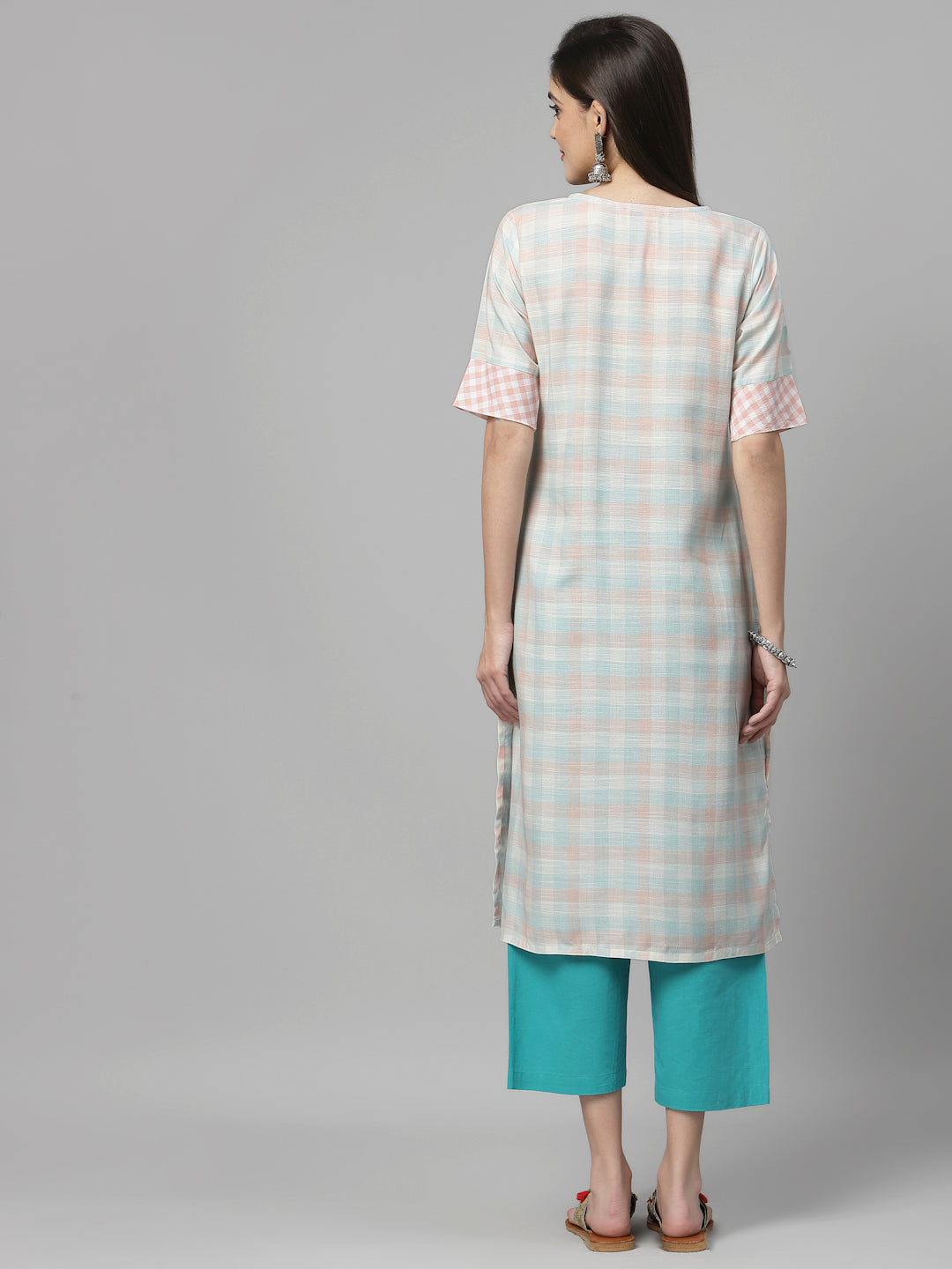 Women Pastel Checked Keyhole Neck Straight Kurta - Kashyap Global Lifestyles LLP