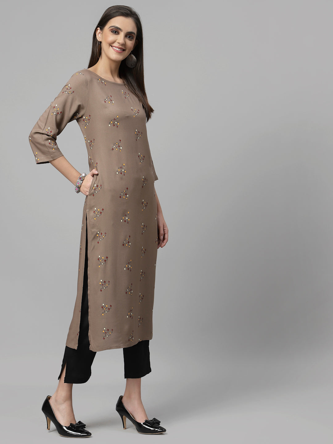 Women Brown Boat Neck Kurta - Kashyap Global Lifestyles LLP