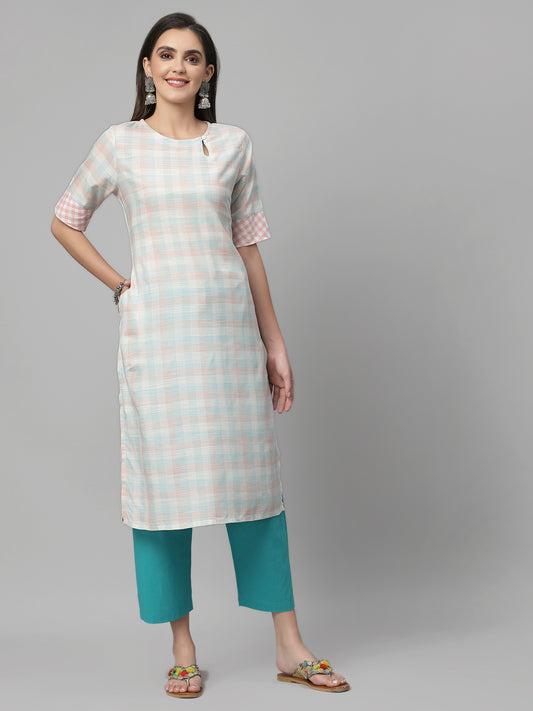 Women Pastel Checked Keyhole Neck Straight Kurta - Kashyap Global Lifestyles LLP