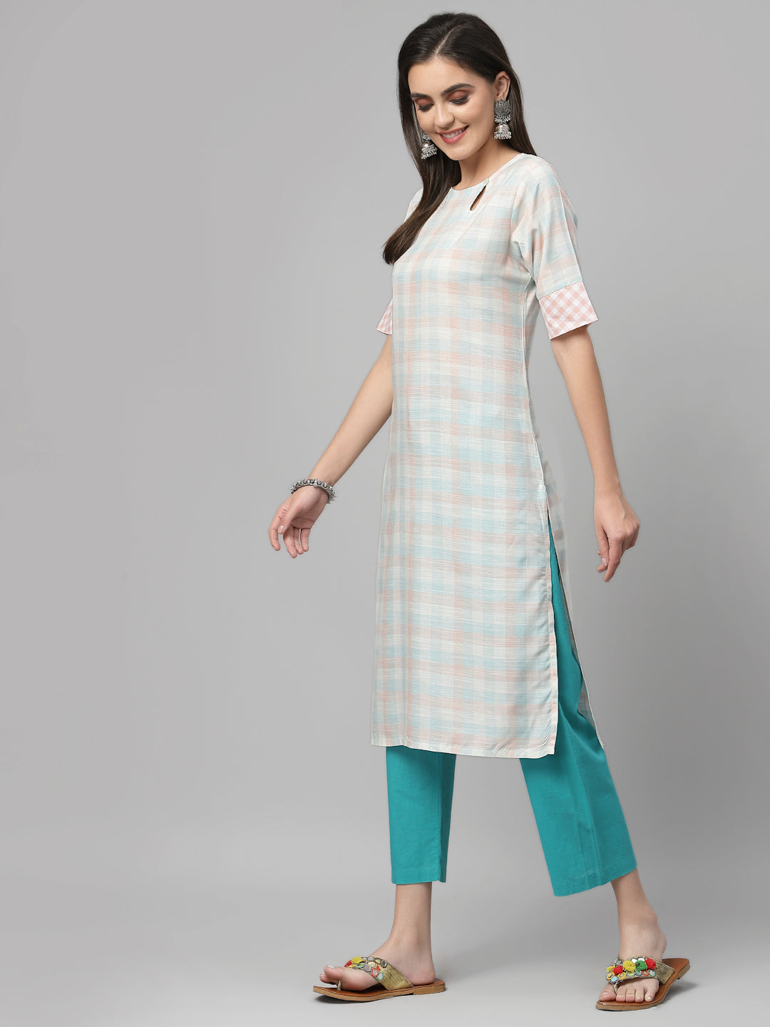 Women Pastel Checked Keyhole Neck Straight Kurta - Kashyap Global Lifestyles LLP