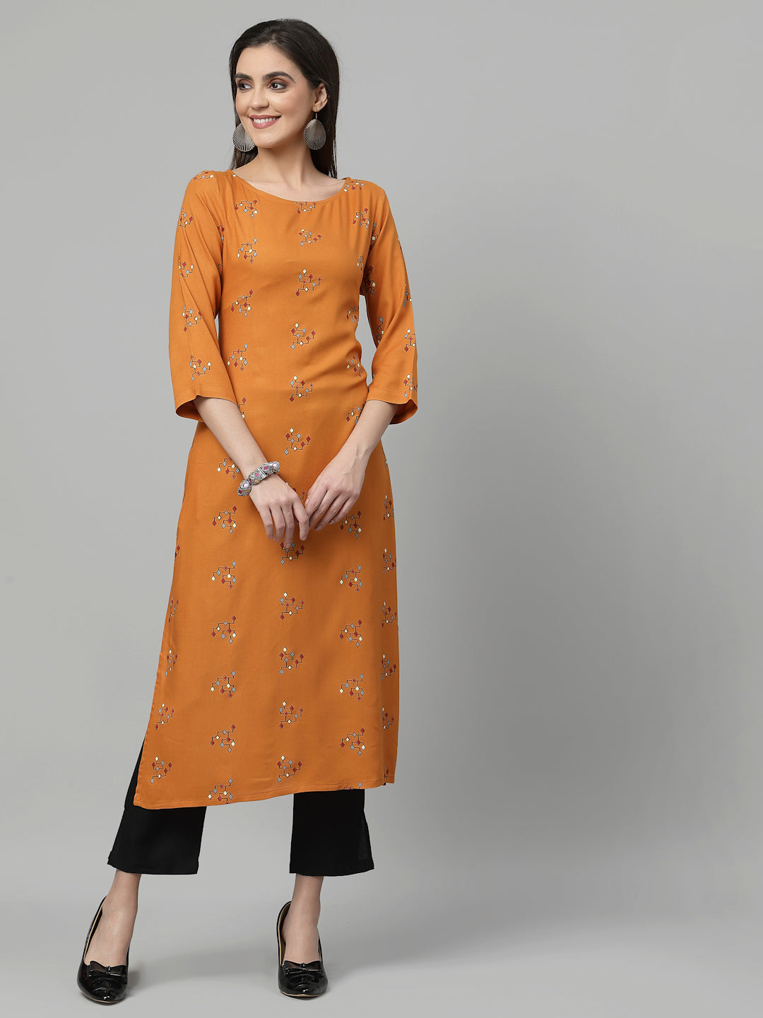 Women Orange Boat Neck Kurta - Kashyap Global Lifestyles LLP