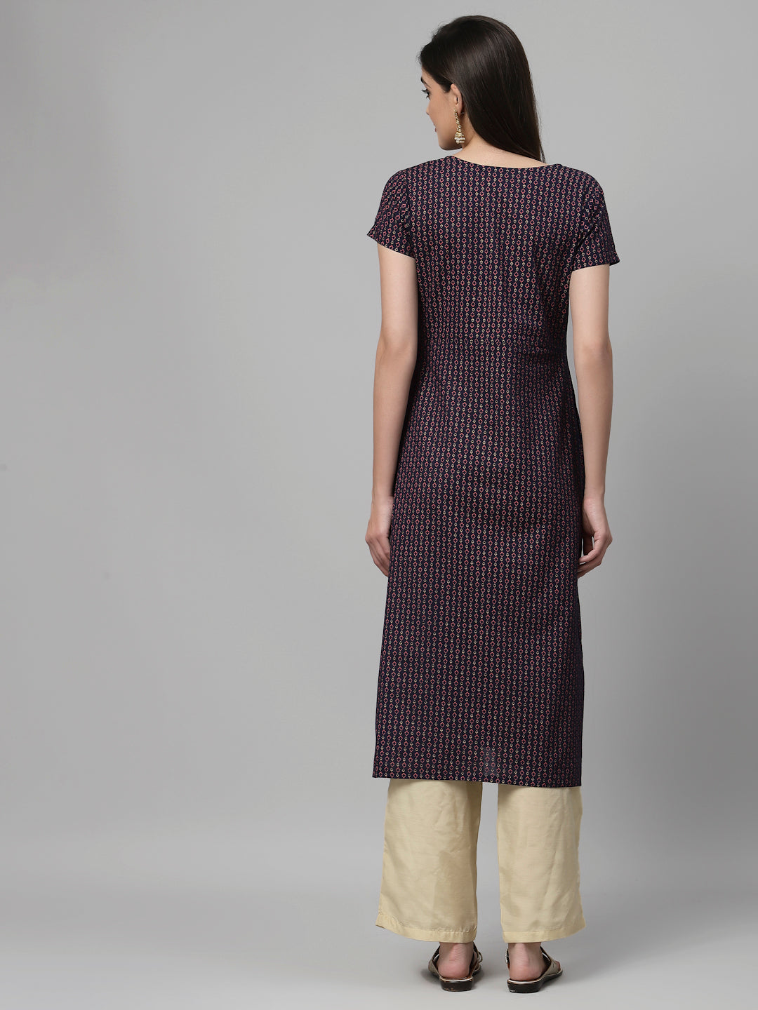 Women Navy Printed Front Slit Cotton Kurta - Kashyap Global Lifestyles LLP