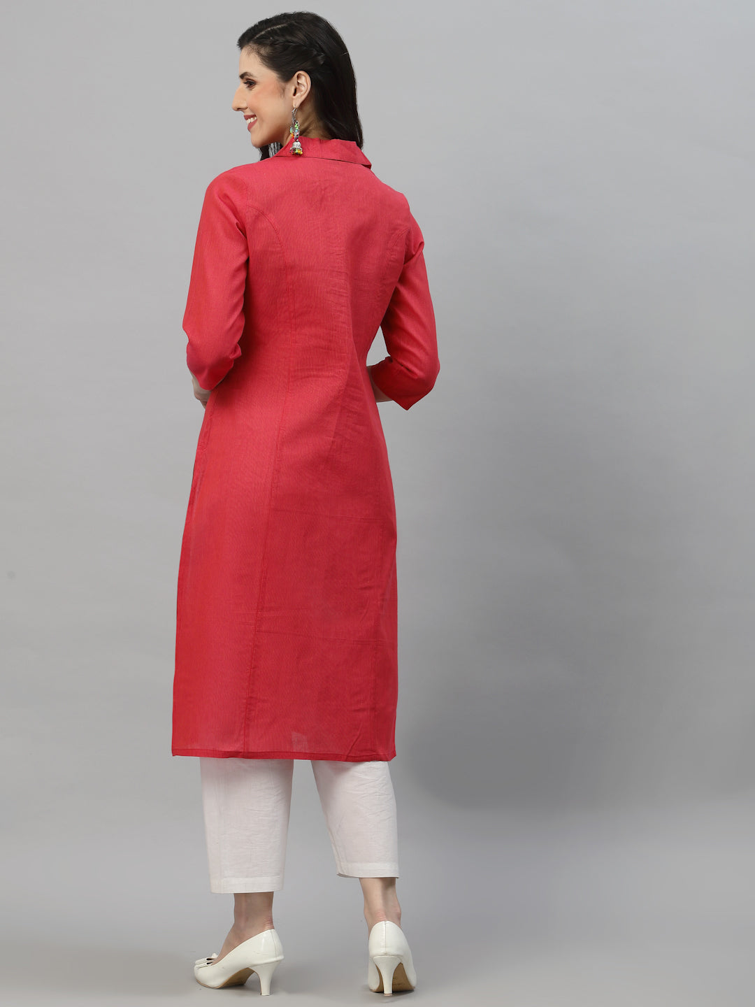 Women Pink Collar Neck Straight Kurta - Kashyap Global Lifestyles LLP