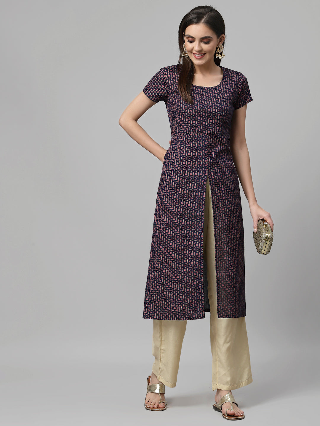 Women Navy Printed Front Slit Cotton Kurta - Kashyap Global Lifestyles LLP