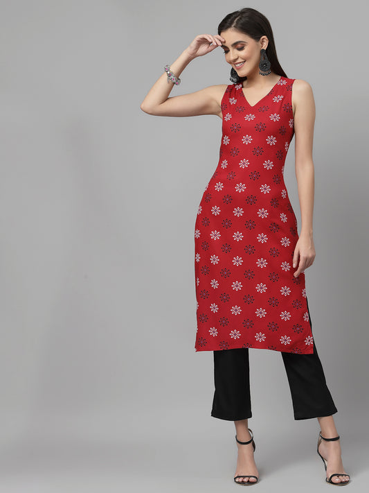 Women Red Printed Sleeveless Kurta - Kashyap Global Lifestyles LLP