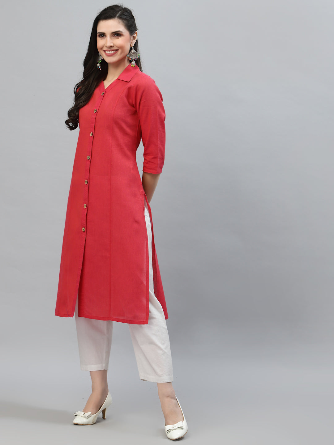 Women Pink Collar Neck Straight Kurta - Kashyap Global Lifestyles LLP