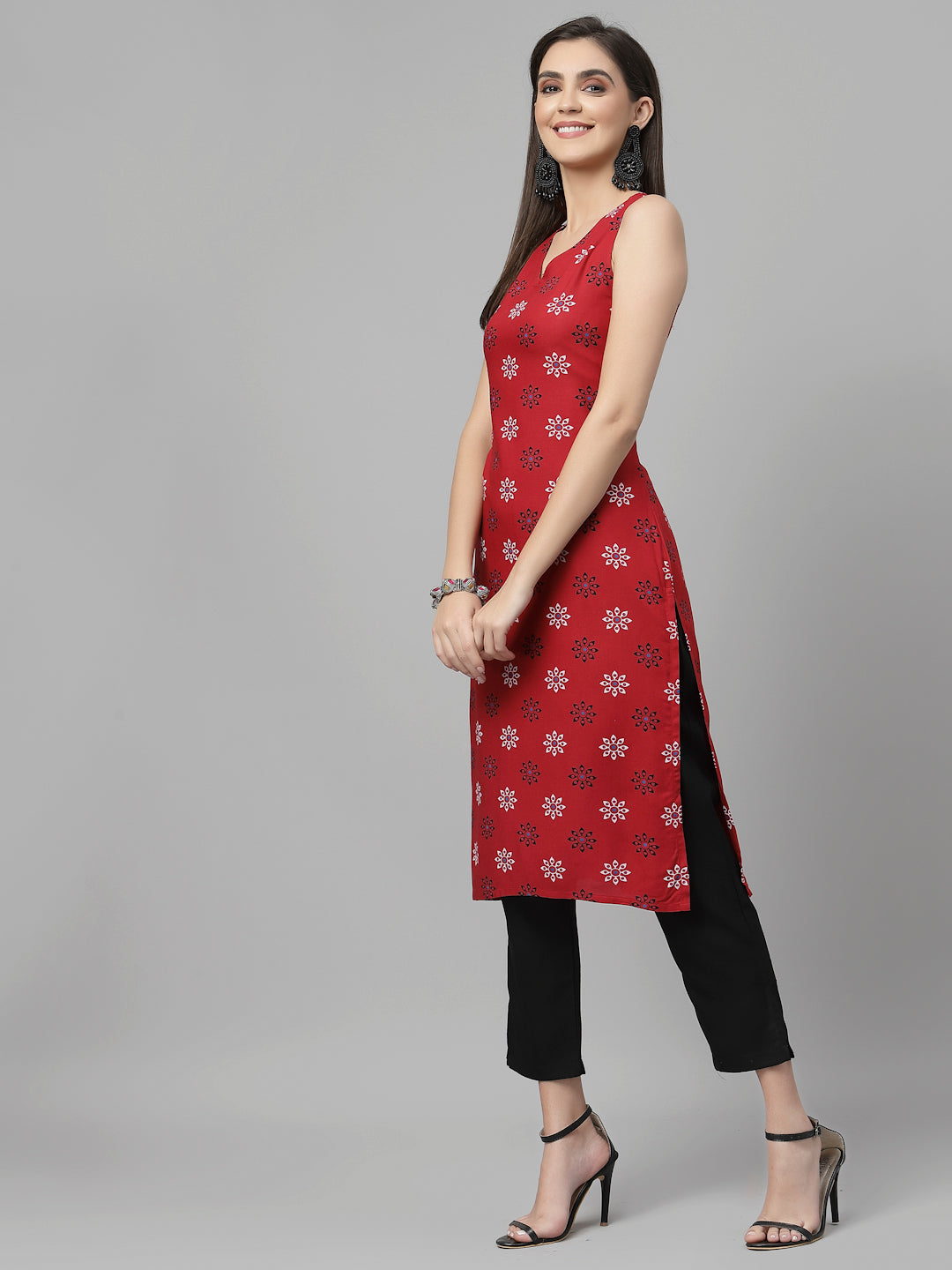 Women Red Printed Sleeveless Kurta - Kashyap Global Lifestyles LLP