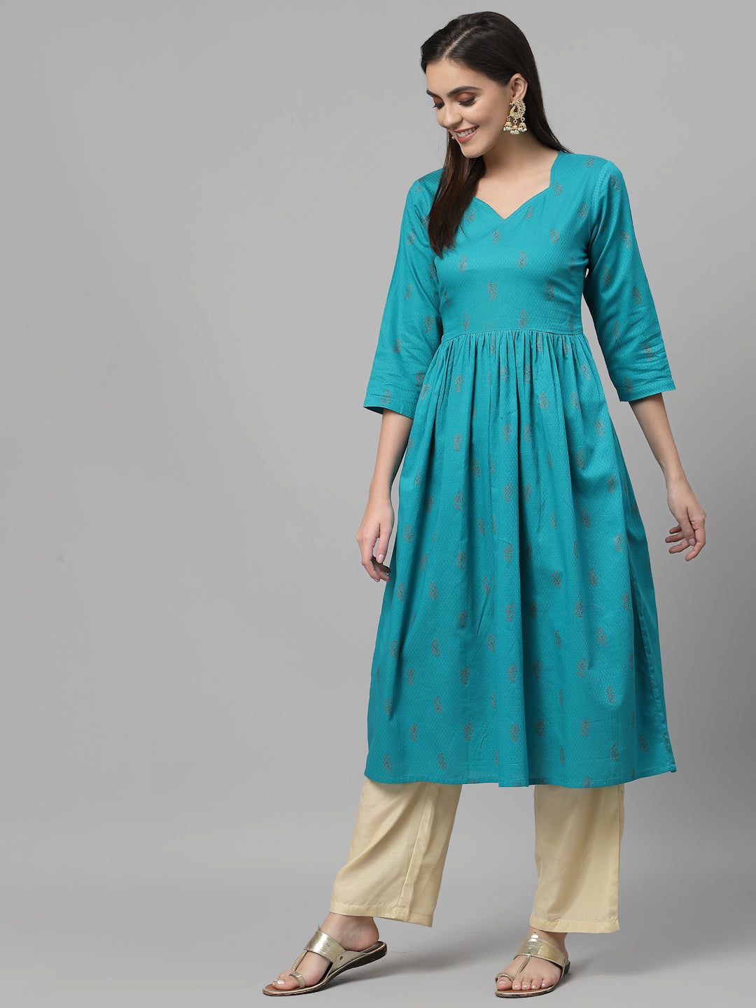 Women Teal Anarkali Kurta With Sweetheart Neck - Kashyap Global Lifestyles LLP