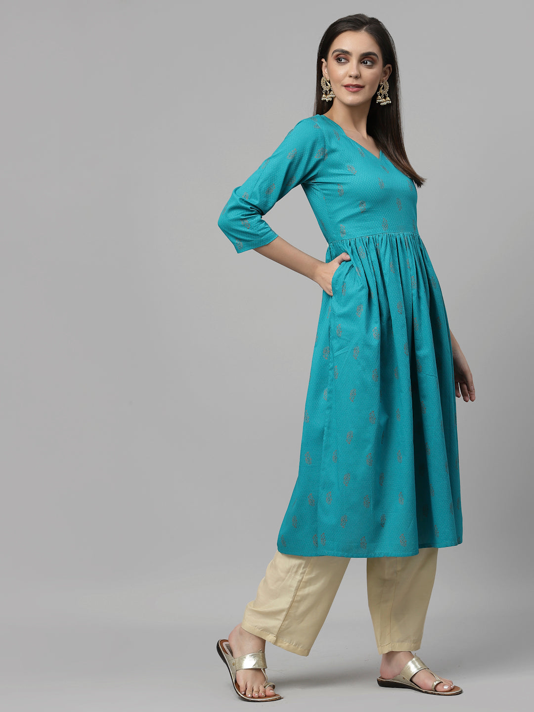 Women Teal Anarkali Kurta With Sweetheart Neck - Kashyap Global Lifestyles LLP