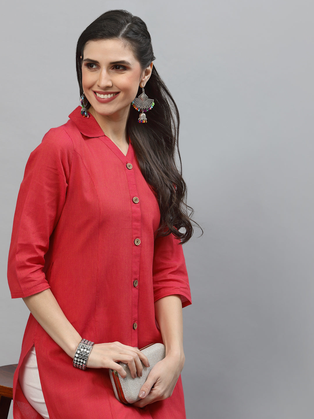 Women Pink Collar Neck Straight Kurta - Kashyap Global Lifestyles LLP