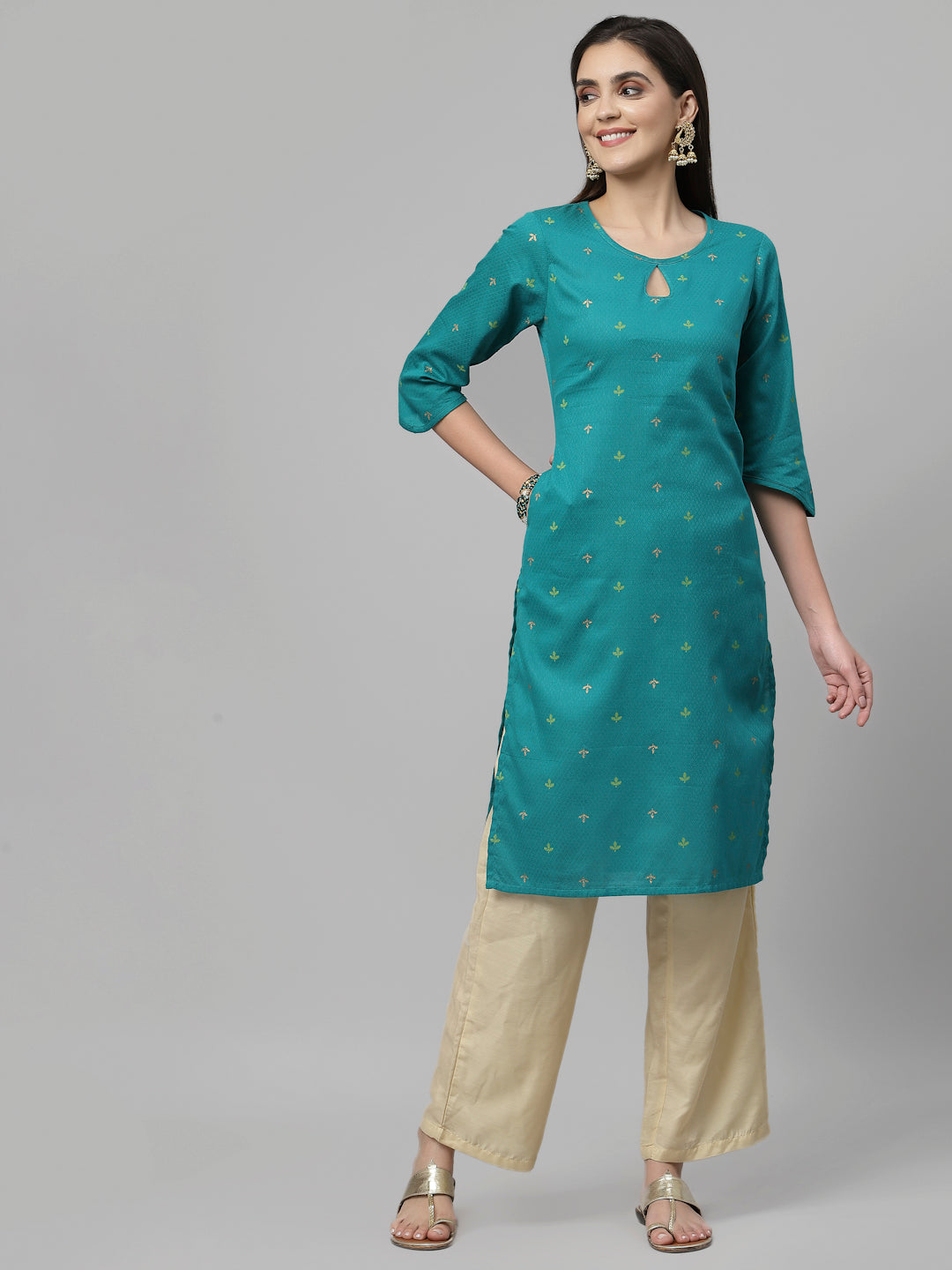 Women Teal Keyhole Neck Straight Kurta - Kashyap Global Lifestyles LLP