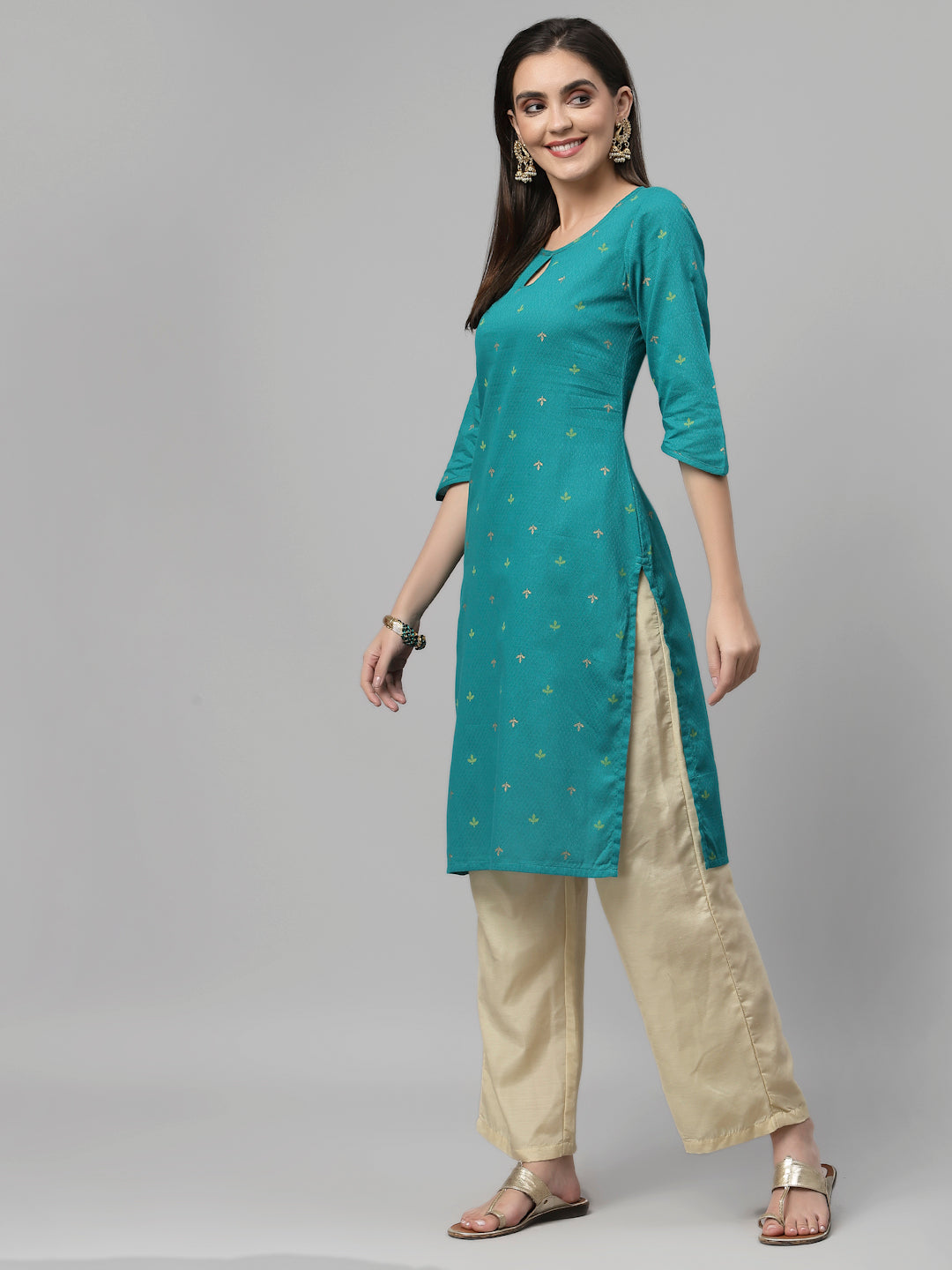 Women Teal Keyhole Neck Straight Kurta - Kashyap Global Lifestyles LLP