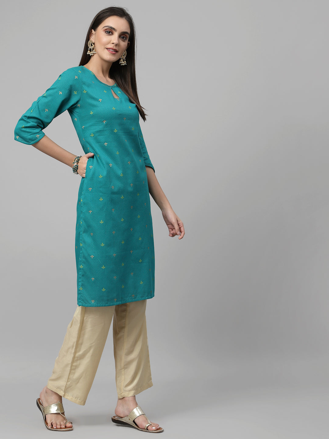 Women Teal Keyhole Neck Straight Kurta - Kashyap Global Lifestyles LLP
