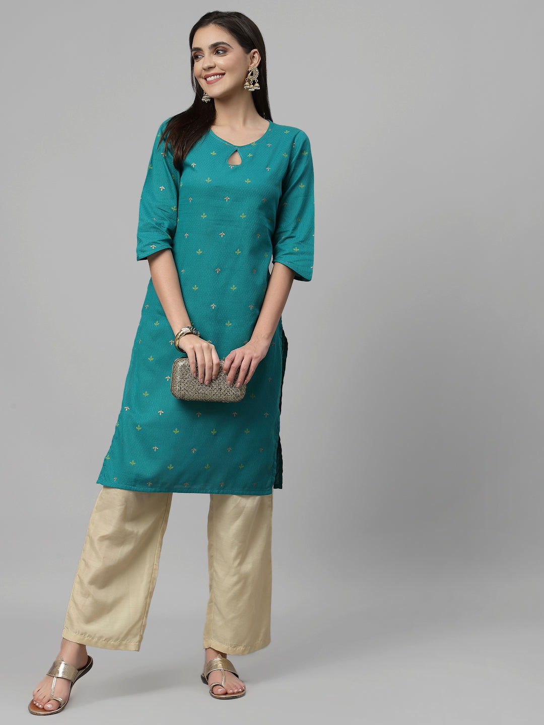 Women Teal Keyhole Neck Straight Kurta - Kashyap Global Lifestyles LLP