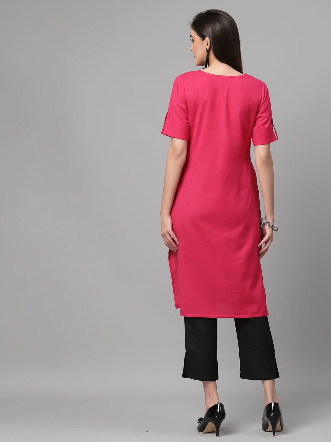 Women Dark Pink Cotton Solid Knee Length Kurta - Kashyap Global Lifestyles LLP