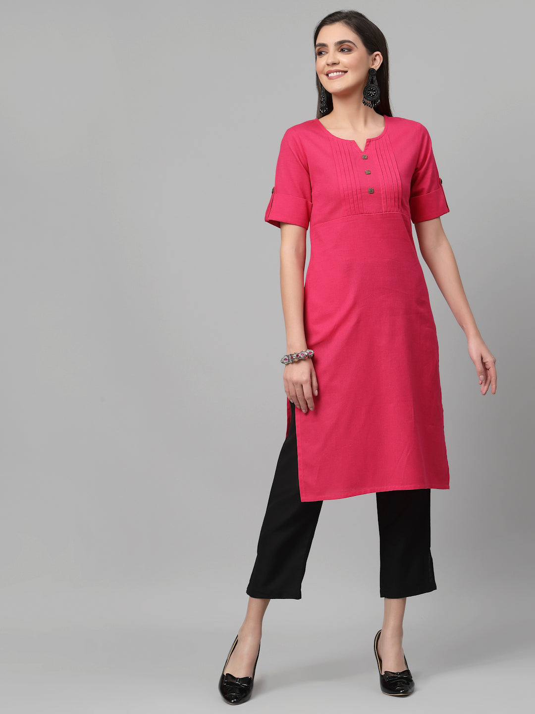 Women Dark Pink Cotton Solid Knee Length Kurta - Kashyap Global Lifestyles LLP