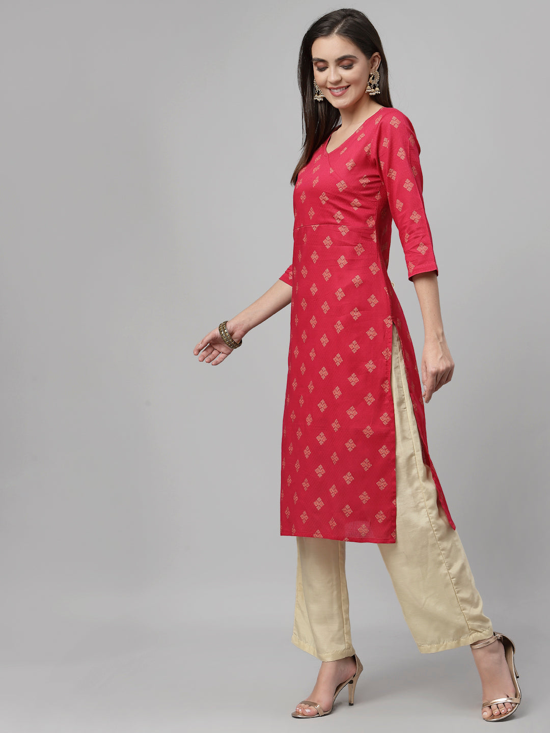 Women Dark Pink Ethnic Motifs Cotton Angrakha Kurta - Kashyap Global Lifestyles LLP