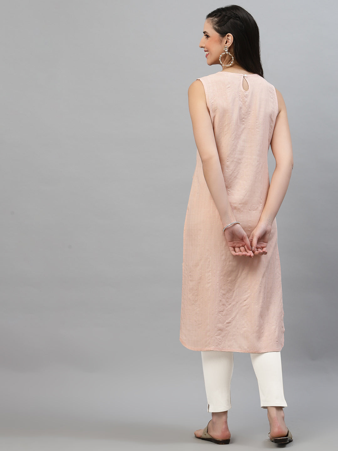 Women Baby Pink Checkered High Low Sleeveless Kurta - Kashyap Global Lifestyles LLP
