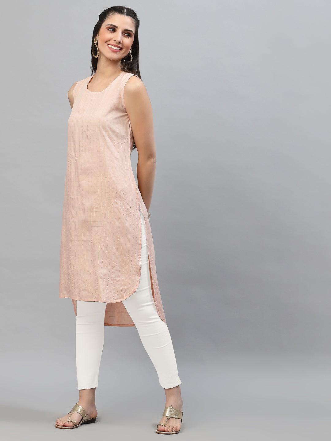 Women Baby Pink Checkered High Low Sleeveless Kurta - Kashyap Global Lifestyles LLP