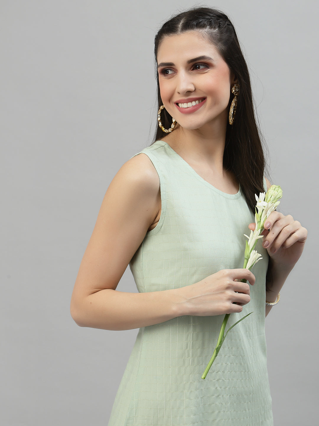 Women Mint Green Checkered High Low Sleeveless Kurta - Kashyap Global Lifestyles LLP