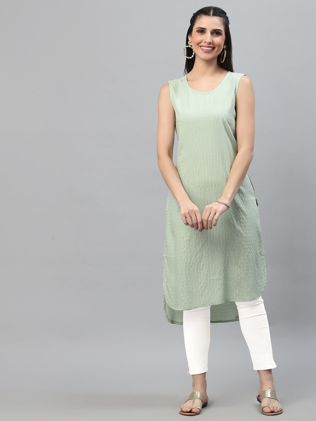 Women Mint Green Checkered High Low Sleeveless Kurta - Kashyap Global Lifestyles LLP