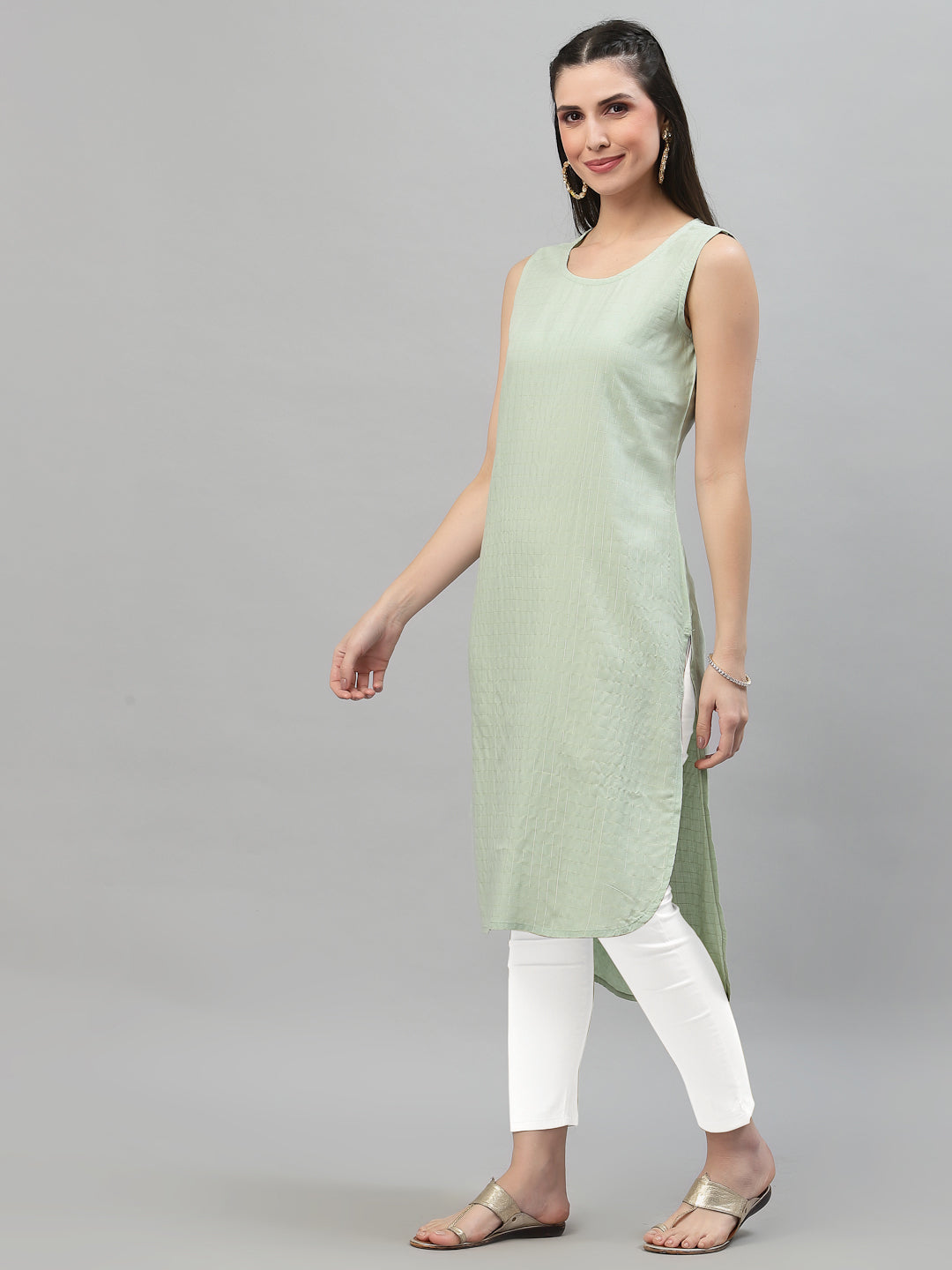 Women Mint Green Checkered High Low Sleeveless Kurta - Kashyap Global Lifestyles LLP