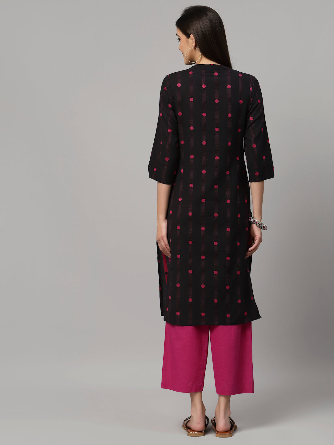 Women Black Mandrian Collar Woven Design Kurta - Kashyap Global Lifestyles LLP
